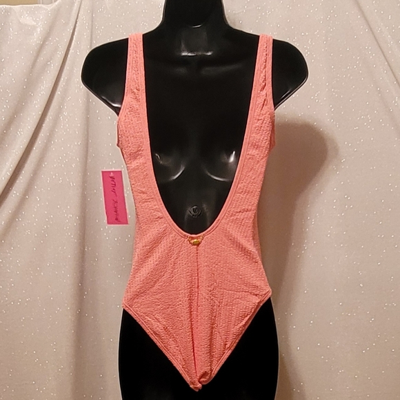 One-piece swimsuit by Betsey Johnson pink retro style rosebud detail, small NEW - Picture 8 of 16